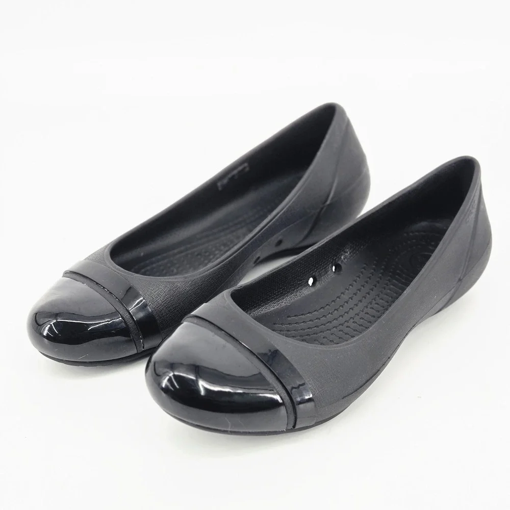 Crocs Cap Toe Flat Black Patent Slip On Ballet Shoes Women Size 9 W9 Work EUC